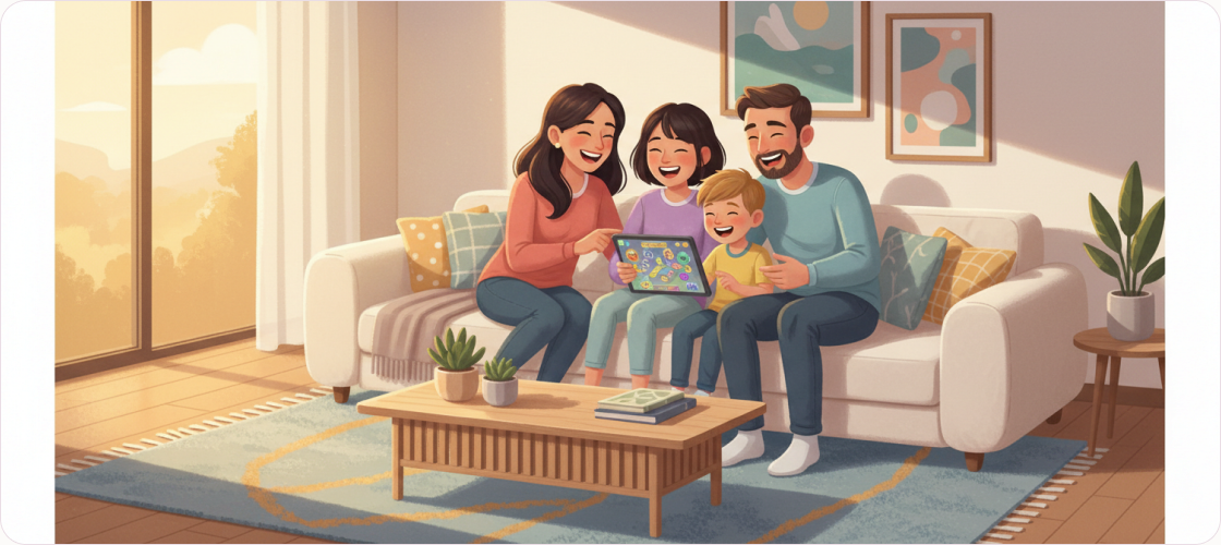 A family laughing and playing together on the sofa in a sunlit living room.