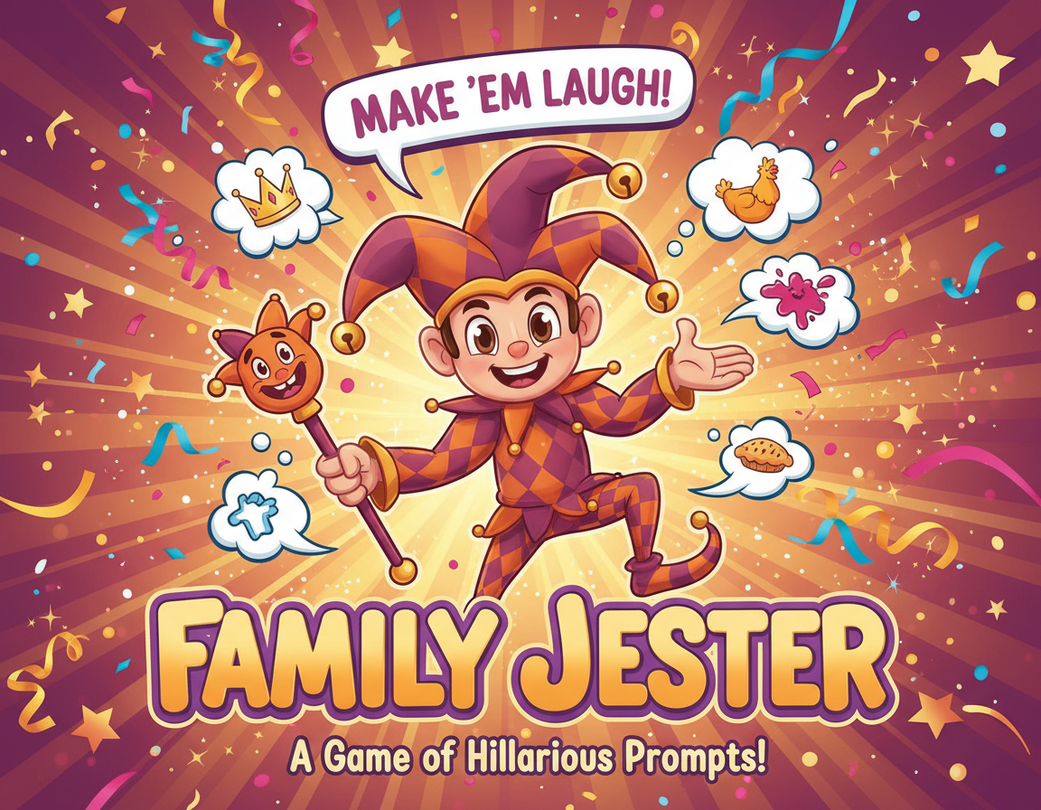 Family Jester: A Game of Hilarious Prompts, illustrated with a playful jester and colorful confetti.